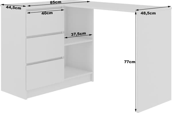 HÖGERSIDIGT Skrivbord B16 124 cm Vänster 3 Lådor Vit / Metallisk Blank