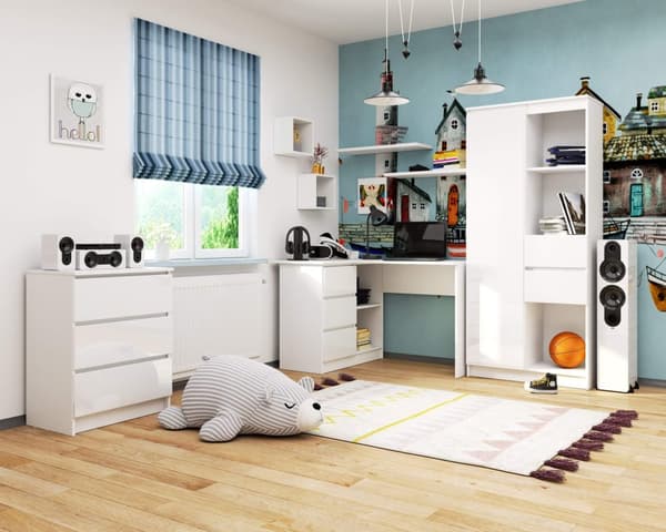 HÖGERSIDIGT BORD B16 124 cm VÄNSTER 3 LÅDOR VIT / VIT GLANS
