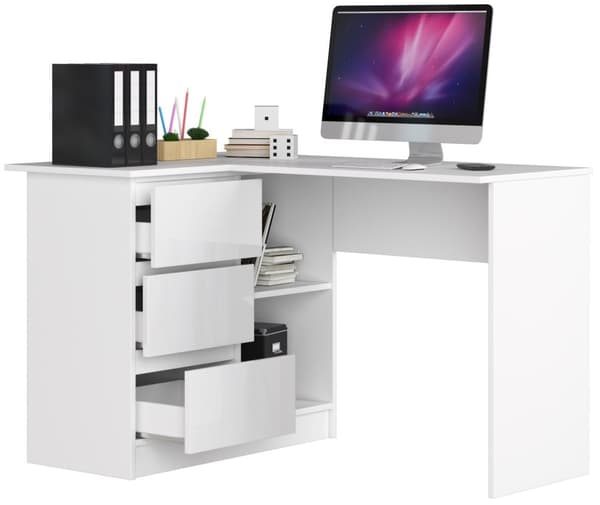HÖGERSIDIGT BORD B16 124 cm VÄNSTER 3 LÅDOR VIT / VIT GLANS