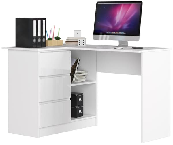 HÖGERSIDIGT BORD B16 124 cm VÄNSTER 3 LÅDOR VIT / VIT GLANS