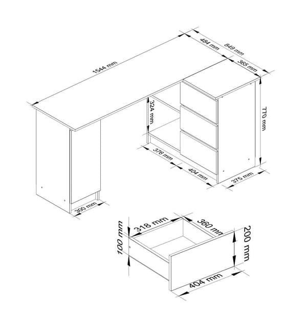 Hjørneskrivebord B20 155 cm Højre Sonoma