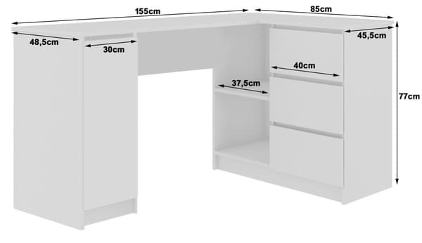HJØRNEKONTOR B20 155 cm HØJRE METALIK HØJGLANS