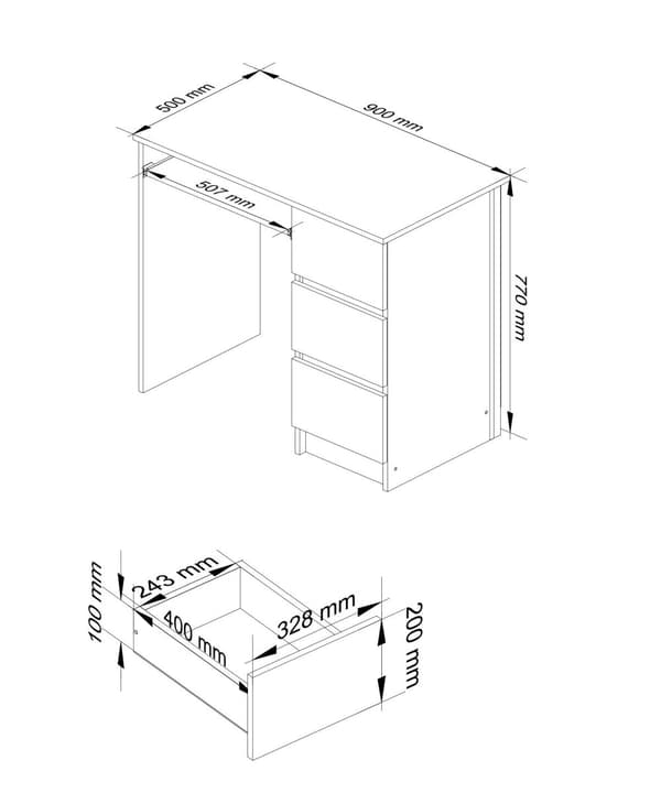 KONTORSKRIVEBORD A-6 90 cm HØJRE HVIDT / HVID GLANS