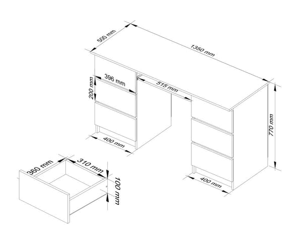 DATORBORD A-11 135 cm 6 LÅDOR VIT