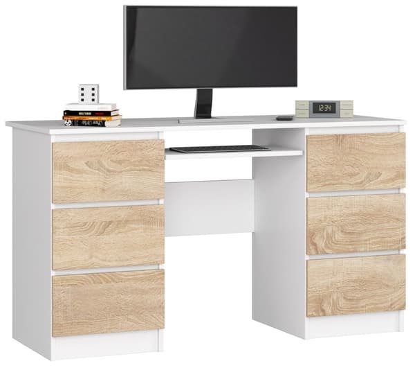 KONTORSKRIVEBORD A-11 135 cm 6 SKUFFE HVID / SONOMA