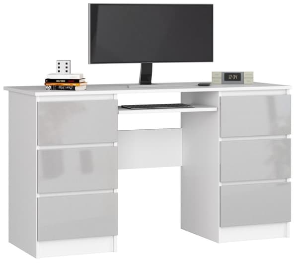 KONTORSKRIVEBORD A-11 135 cm 6 SKUFFE HVID / METALIK GLANS