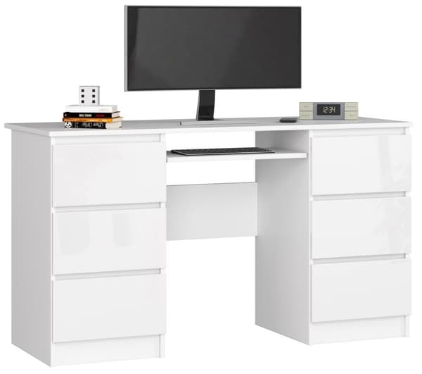 KONTORSKRIVEBORD A-11 135 cm 6 SKUFFE HVID / HVID GLANS