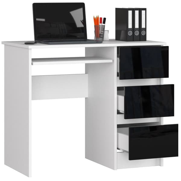 KONTORSKRIVEBORD A-6 90 cm HØJRE HVID / SORT GLANS