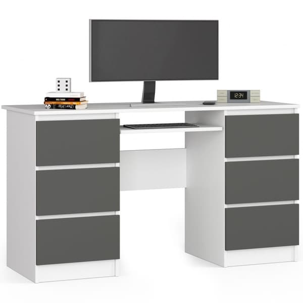 Computerbord A-11 135 cm 6 skuffer - hvid-grafit grå