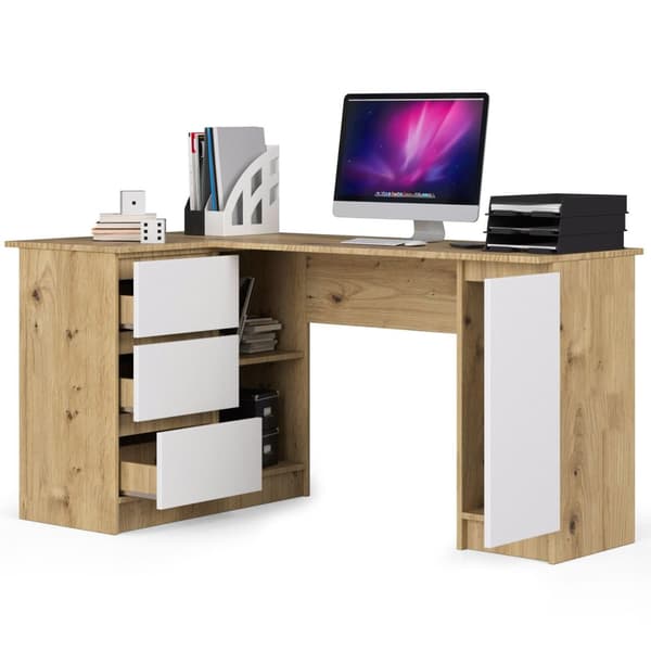 Hjørneskrivebord B20 155 cm venstre - artisan-eg-hvid - 3 skuffer