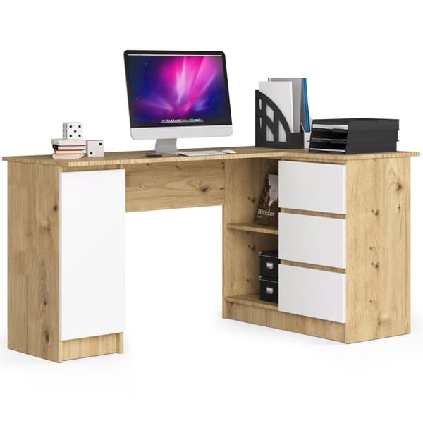 Hjørneskrivebord B20 155 cm højre - artisan-eg-hvid - 3 skuffer
