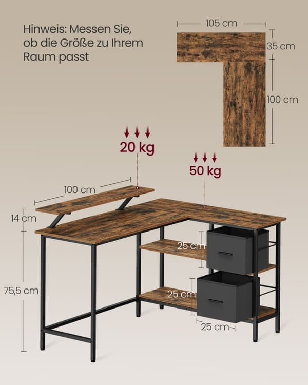 Rootz L Shape -pöytä - Vintage Ruskea - Lastulevypöytä - Teräsrunko - Tilava muotoilu - 105cm x 135cm x 89,5cm - Kotitoimistokalusteet