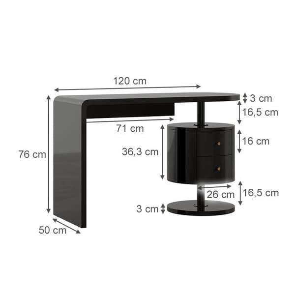 Lara skrivbord, 120cm med 2 lådor, Högblank svart, Vicco