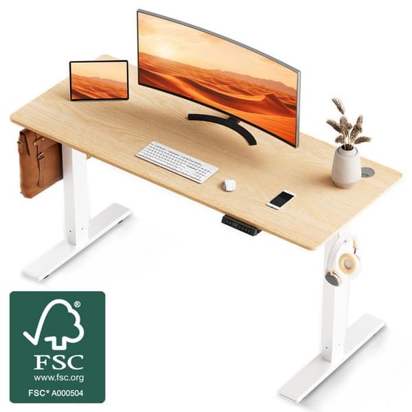 Elställ Assis Debout Elektrisk 120x60cm, Minne och kollisionstrygg, USB-A och TYPE C-portar, Höjdjusterbar (Träfärg)