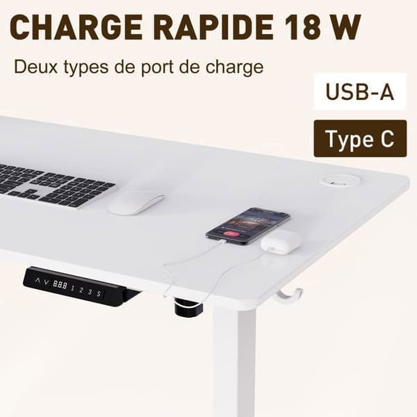 Elastisk elbord 120x60cm, Minnefunktion och kollisionsskydd, USB-A och typ C-portar, Justerbar höjd (Färg vit)