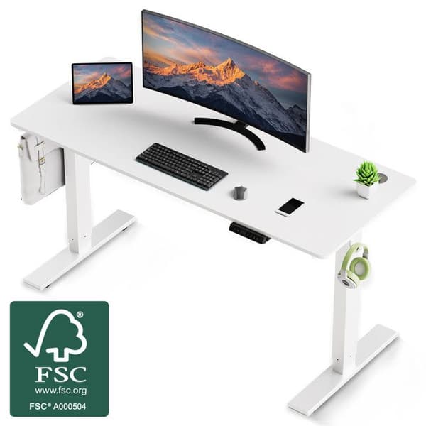 Elastisk elbord 120x60cm, Minnefunktion och kollisionsskydd, USB-A och typ C-portar, Justerbar höjd (Färg vit)