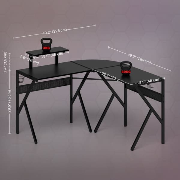 Rootz Gaming Desk - Corner Desk - Gamer Desk - Carbon Fiber Board - 125 cm x 125 cm x 75 cm - inkluderer skærmholder & hovedtelefonkrog