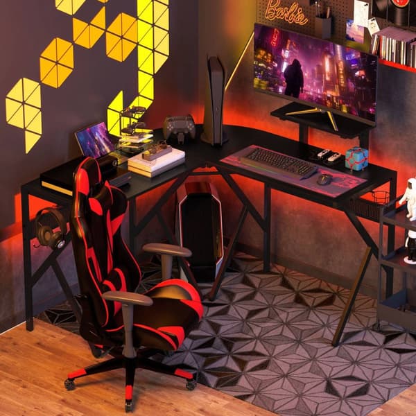 Rootz Gaming Desk - Corner Desk - Gamer Desk - Carbon Fiber Board - 125 cm x 125 cm x 75 cm - inkluderer skærmholder & hovedtelefonkrog
