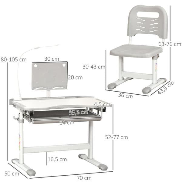 Rootzin lastenpöytä- ja tuolisarja - Kids Study Desk - Säädettävä koulupöytä - LED -lamppu - Teräs, PP, MDF - Pöytä: 70x50x80-105cm, tuoli: 36x43.5x63