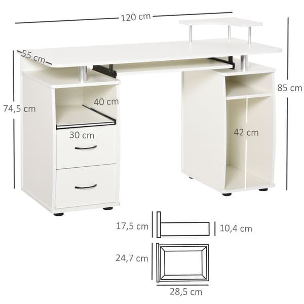 Rootz Computer Desk - Multimedia Workstation - Multipurpose Storage - Ergonomisk design - 120L x 55W x 85H cm - vitt trä