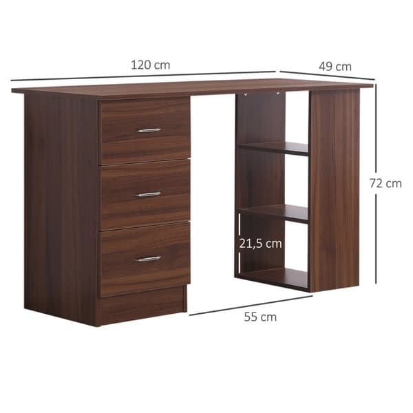 Rootz Multifunktionellt datortabell - Desk - Workstation - 3 lådor, 2 hyllor, rymdbesparande - 120L x 49W x 72H cm - Brown Look MDF