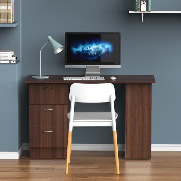Rootz Multifunktionel computertabel - skrivebord - arbejdsstation - 3 skuffer, 2 hylder, rumbesparende - 120L x 49W x 72H cm - Brun look MDF