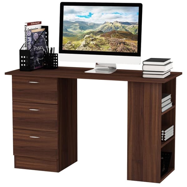 Rootz Multifunktionel computertabel - skrivebord - arbejdsstation - 3 skuffer, 2 hylder, rumbesparende - 120L x 49W x 72H cm - Brun look MDF