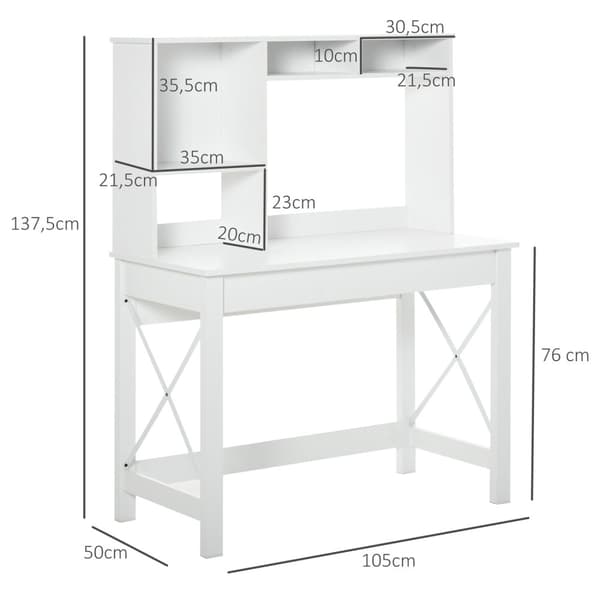 Rootz Desk med opbevaring - Boghylde -skrivebord - Moderne træbord - Hylder til organisering - 105 x 50 x 137,5 cm - Hvid