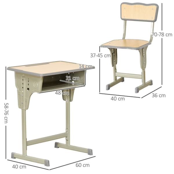Rootzin lasten pöytäsarja - Vintage School Desk - Säädettävä työpöytä ja tuoli - Steel & MDF - 60x40x58-76cm työpöytä, 40x36x70-78cm tuoli