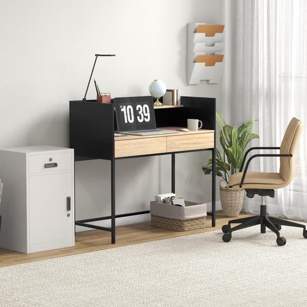 Rootz Modern Desk - kirjoituspöytä - Office Desk - Storage Space - 106W x 51,5D X 102,5H CM - Black Metal Frame & Wood -hiukkaset