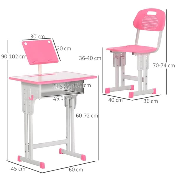 Rootz Børnebord og stolesæt - Studietabel - Kids Workstation - Højdejusterbar - 60 x 45 x 90-102 cm - lyserød