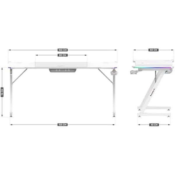 Bureau gaming HUZARO Hero 4.8 Vit RGB - LED-belysning, Bordsyta 160 cm, Kolfiberfinish, Huvudtelefon- och muggstöd, Ergonomisk