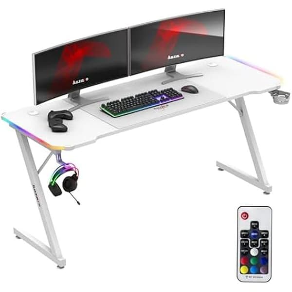 Bureau gaming HUZARO Hero 4.8 Vit RGB - LED-belysning, Bordsyta 160 cm, Kolfiberfinish, Huvudtelefon- och muggstöd, Ergonomisk