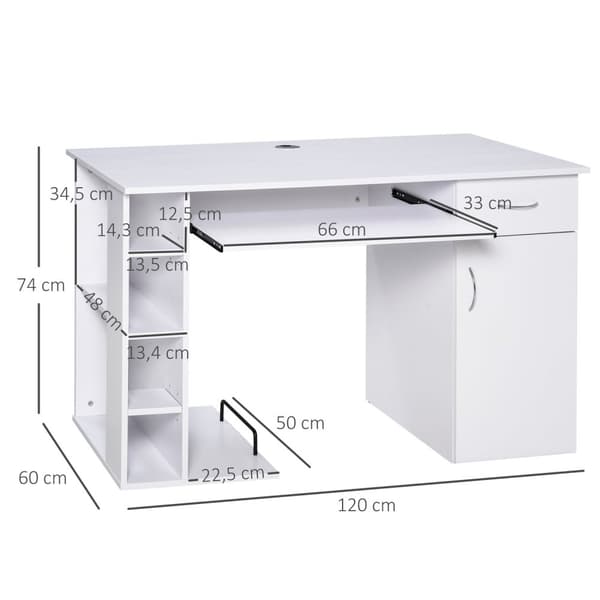 Rootz Computer Table - Office Desk - Multimedia Workspace - Rumle opbevaring - 120 x 60 x 74 cm, hvid MDF