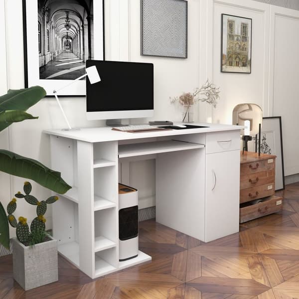 Rootz Computer Table - Office Desk - Multimedia Workspace - Rumle opbevaring - 120 x 60 x 74 cm, hvid MDF