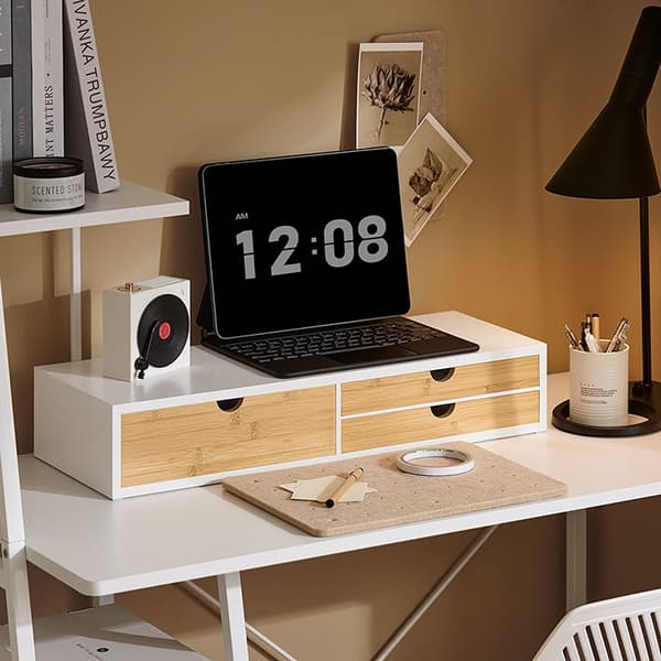 Rootz Monitor Stand Riser - Screen Elevation - Desk Organizer - Space Saving - 3 Drawers - MDF & Bamboo - 60x11x22CM
