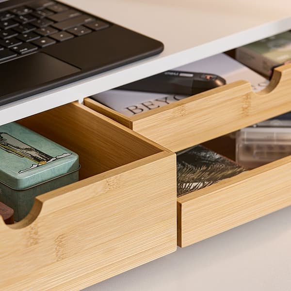 Rootz Monitor Stand Riser - Screen Elevation - Desk Organizer - Space Saving - 3 Drawers - MDF & Bamboo - 60x11x22CM