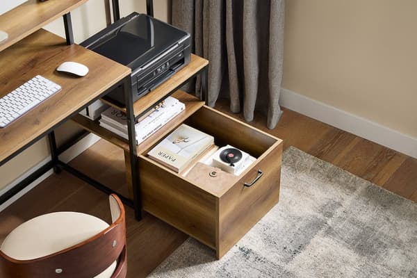 Rootz Desk Study Table - Workstation - Office Desk - riklig förvaring - 143x90x50cm - Metal Frame - Brown Black Painted