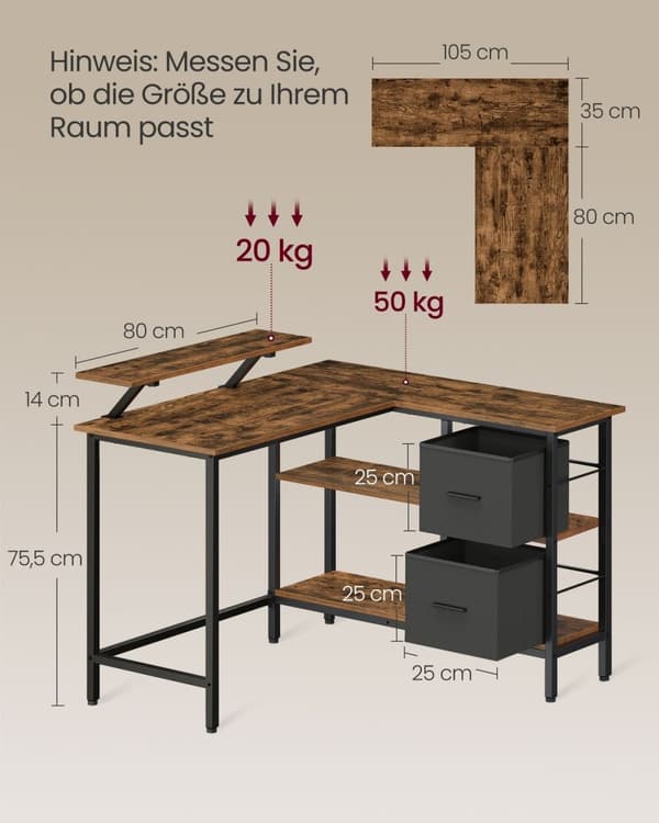 Rootz L Shape -pöytä - Vintage Ruskea - Lastulevy Teräs - Kuitukangas - Polyesteripuuvilla - 105cm x 115cm x 89,5cm - Raskaat kotitoimistokalusteet