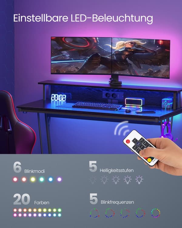 Skrivbord, VASAGLE Gaming Bord, 55x135x76 cm, Ebenholtssvart