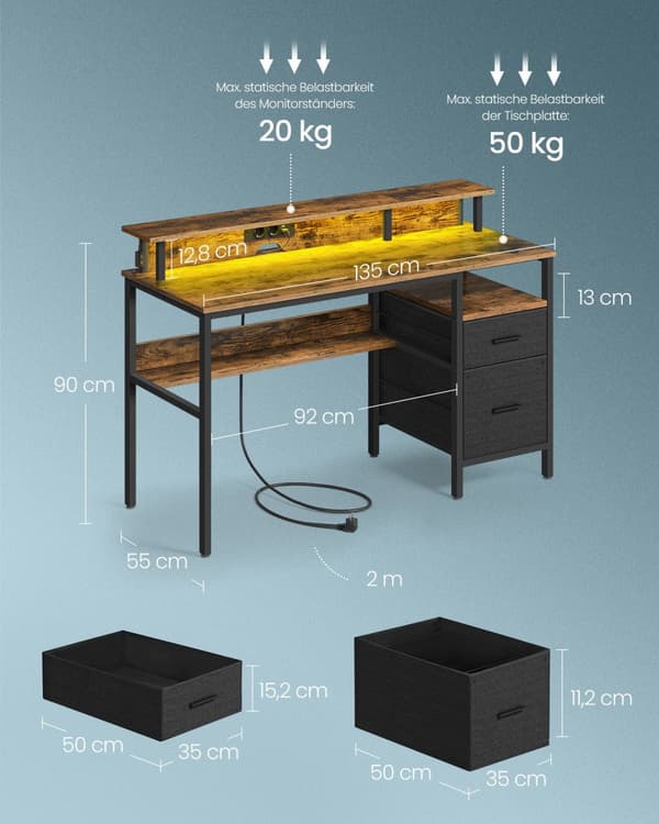 Skrivebord, VASAGLE, 55x135x90 cm, Ebony sort.