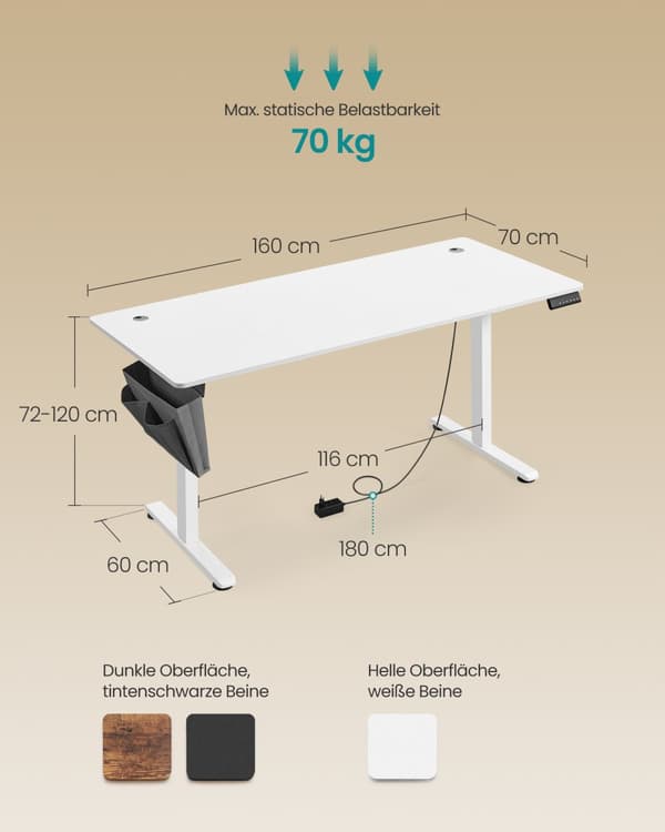 Skrivebord, SONGMICS Elektrisk højdejusterbar, 60 x 120 x (72-120) cm, Skyhvid.