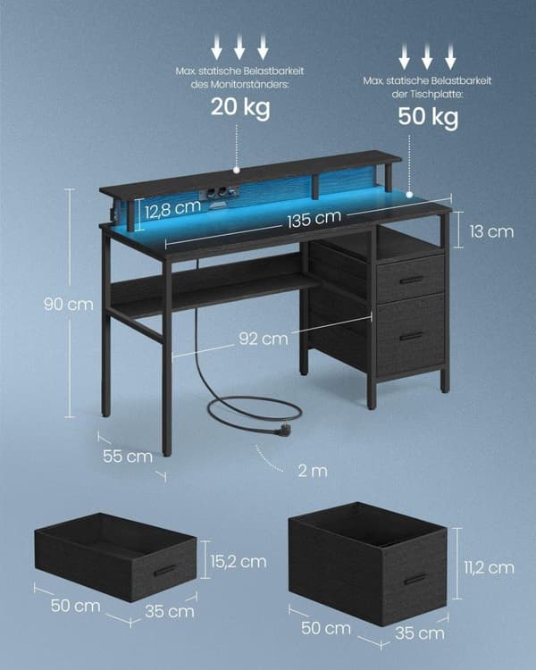 Skrivebord, VASAGLE, 55x135x90 cm, Sort