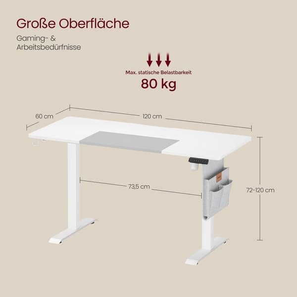 Skrivebord, VASAGLE, 60x140 cm, Hvid