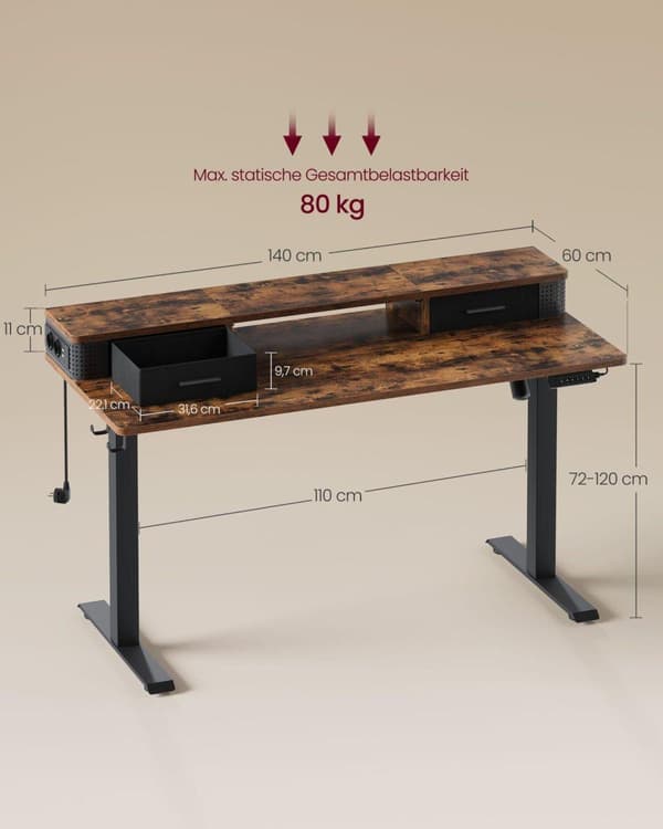 Skrivbord, VASAGLE, 60x140 cm, Brun