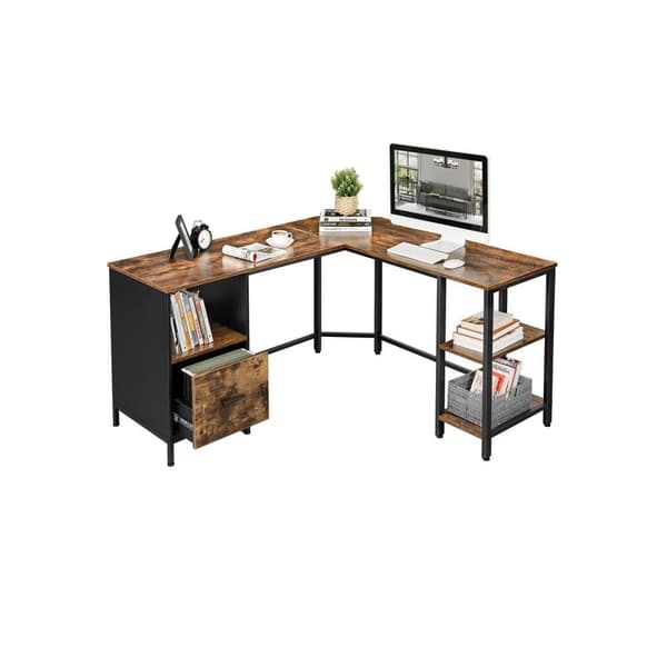 Skrivebord, VASAGLE LWD75X, 137x150 cm, Brun-Sort