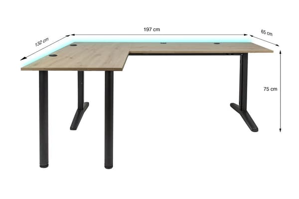 SyberDesk Gaming hörnskrivbord V2 - 197 x 132 cm - Skrivbord med LED - USB HUB - Kabelhanteringssystem i skrivbordsramen - spelbord