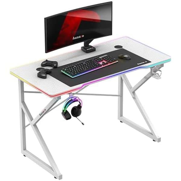 Bureau gaming HUZARO Hero 1.7 RGB Vit - LED-belysning 366 lägen, Kopphållare, Hörlursstativ, Justerbara fötter