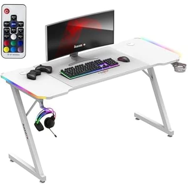 Bureau gaming HUZARO Hero 3.3 Vit RGB - LED-belysning, Bordskiva 140 cm, Kopphållare, Hörlurshållare, XXL-matta ingår