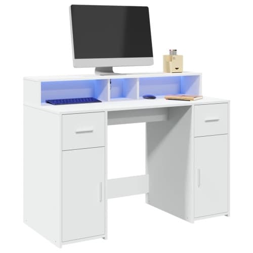 Skrivbord med LED vit 120x55x91 cm konstruerat trä